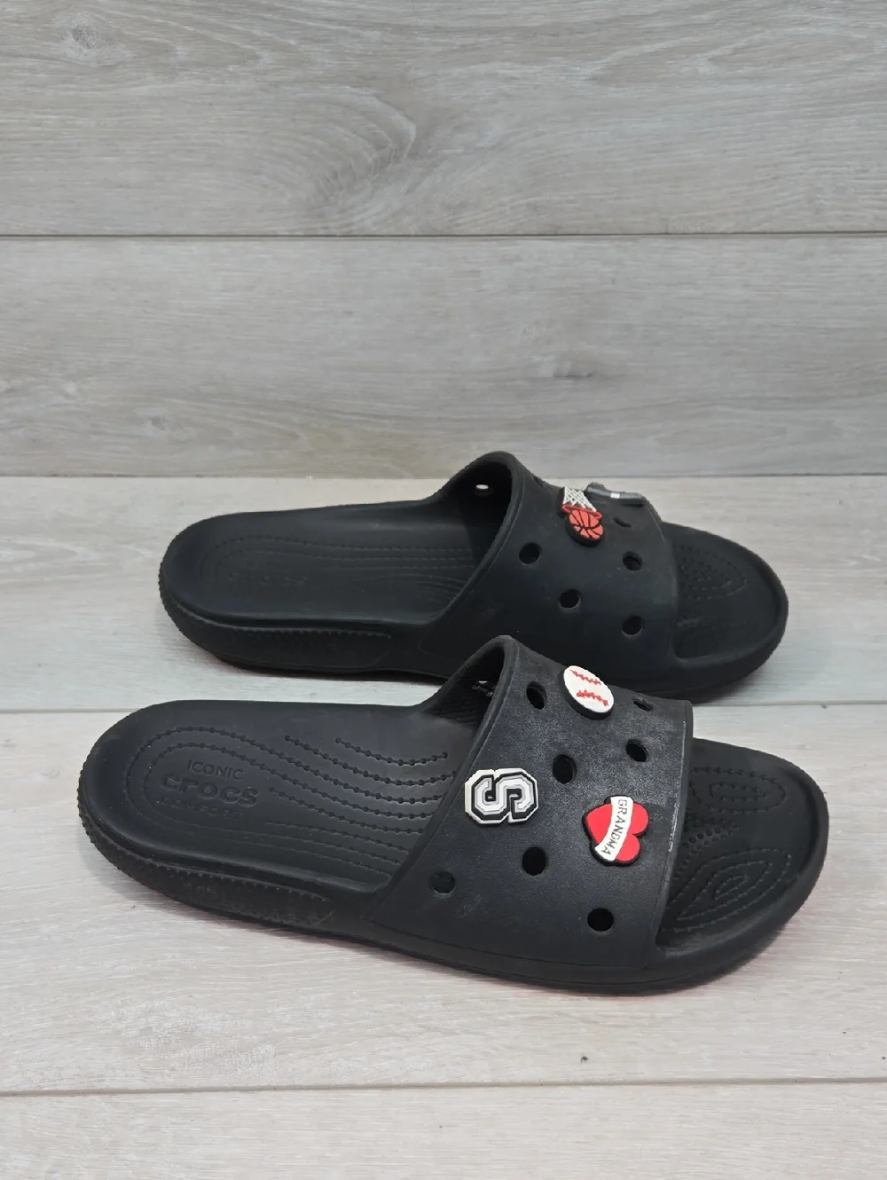 Crocs Women Black Slide Sandals with Sport Charms Flats Shoes Sz W12 M10